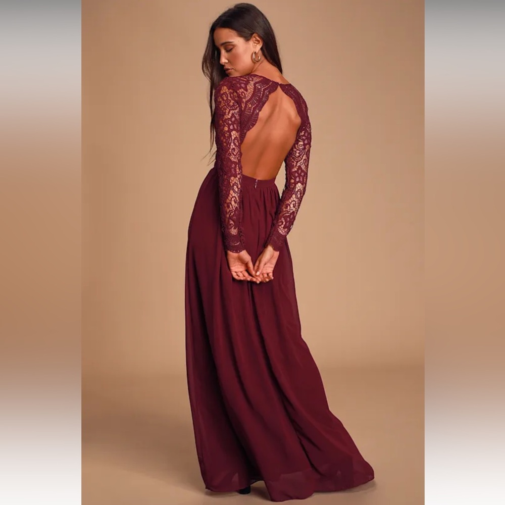 Lulu's Burgundy Lace Open Back Long Sleeve Dress